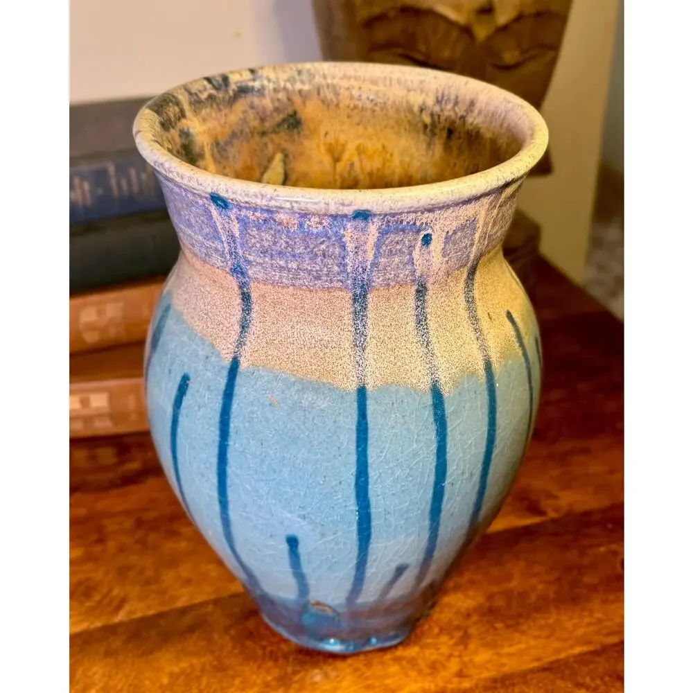 Vintage Signed Blue Drip Glaze Stoneware Vase – Arts & Crafts Ceramic Decor